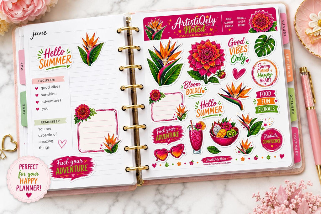 Tropical Floral Sticker Sheet | Summer Dahlia, Bird of Paradise, Foodie Quotes