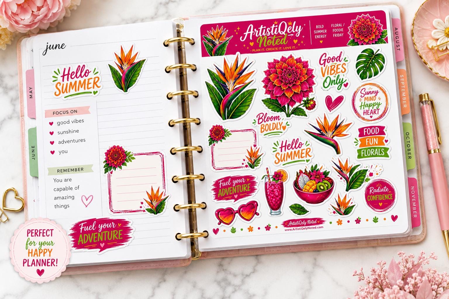 Tropical Floral Sticker Sheet | Summer Dahlia, Bird of Paradise, Foodie Quotes