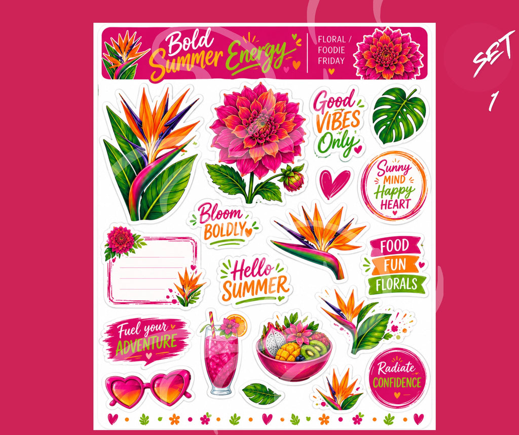 Tropical Floral Sticker Sheet | Summer Dahlia, Bird of Paradise, Foodie Quotes