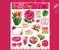Tropical floral sticker sheet featuring summer dahlias, bird of paradise, and foodie quote designs by Artistiqely Noted.