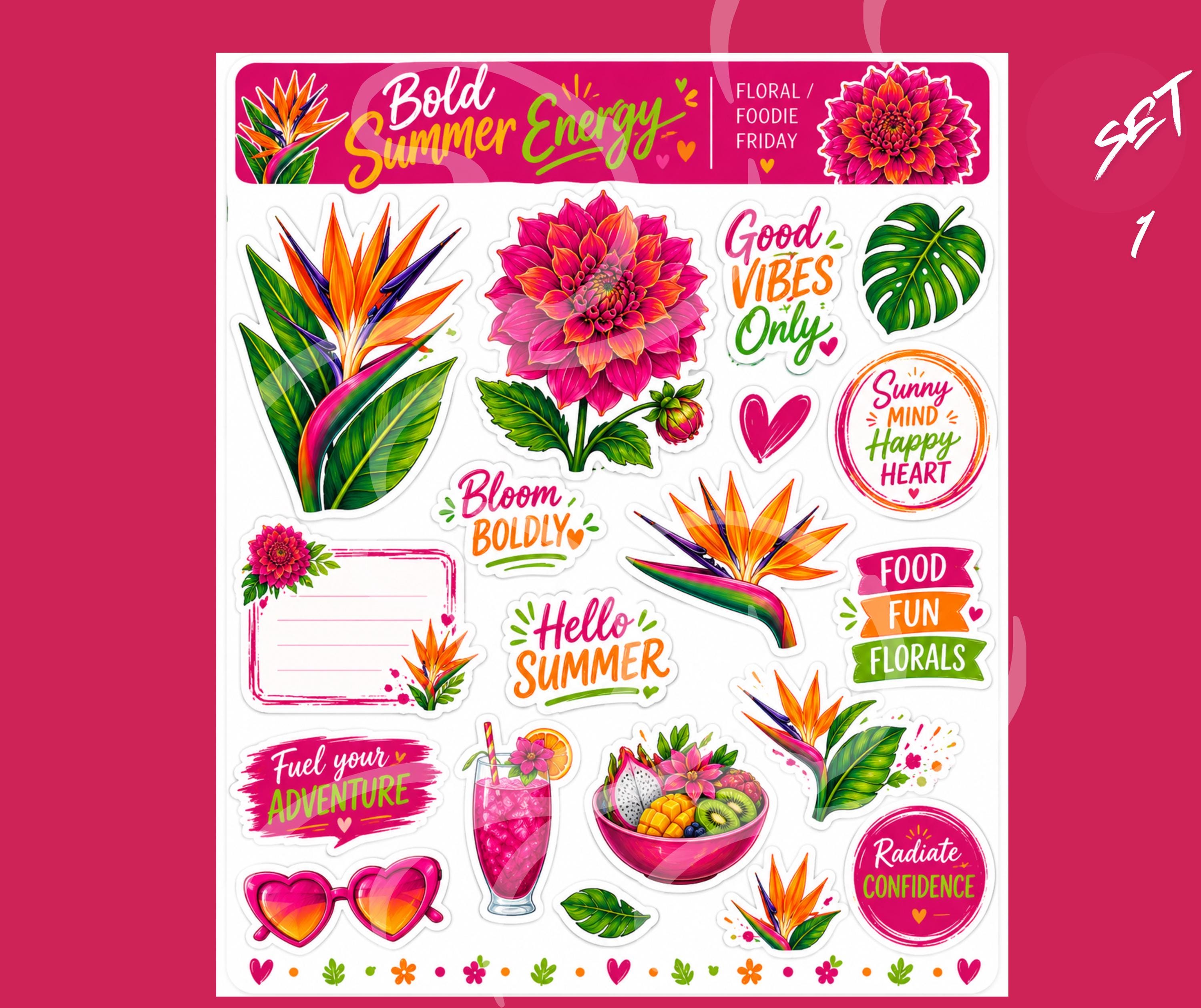 Tropical Floral Sticker Sheet | Summer Dahlia, Bird of Paradise, Foodie Quotes