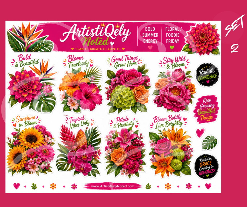 Tropical Floral Sticker Sheet | Summer Dahlia, Bird of Paradise, Foodie Quotes