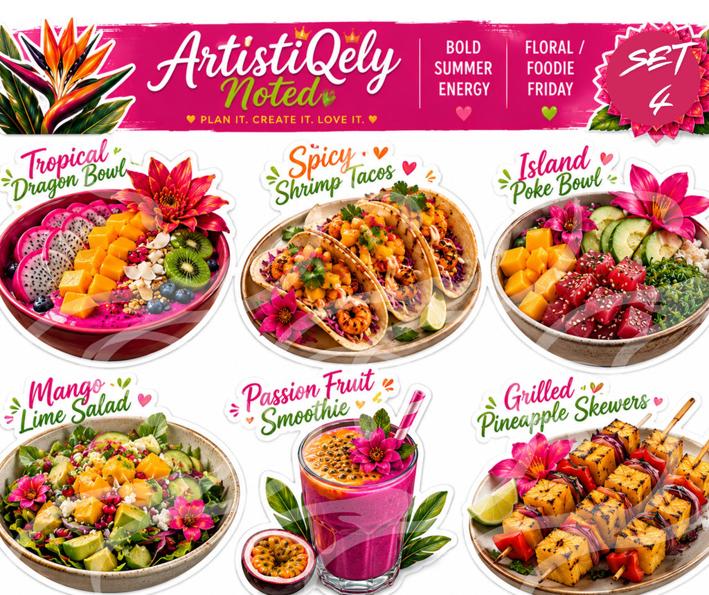 Tropical Floral Sticker Sheet | Summer Dahlia, Bird of Paradise, Foodie Quotes