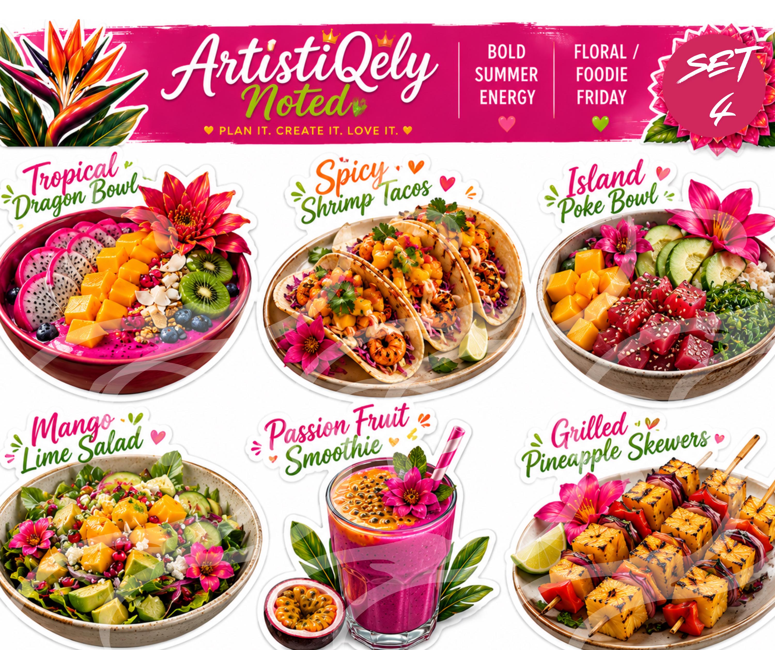 Tropical Floral Sticker Sheet | Summer Dahlia, Bird of Paradise, Foodie Quotes