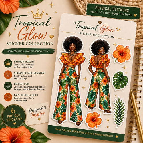 Black Girl Magic journal with tropical glow sticker set, featuring vibrant designs celebrating empowerment and creativity.