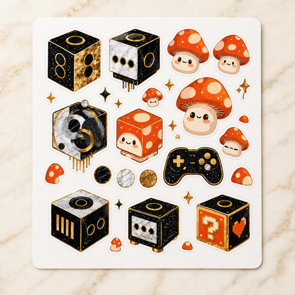 Black Gold Marble Gaming Icons Mushroom Gamer Sticker Pack, Kawaii Cube Dice Stickers
