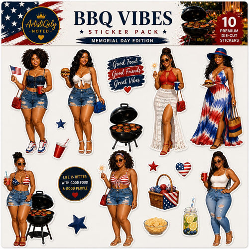 BBQ Vibes sticker pack featuring Black women and patriotic designs for summer cookouts and planner decoration.