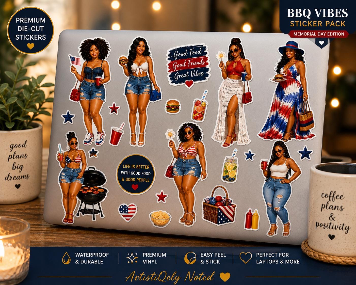 BBQ Vibes Sticker Pack, Black Women, Summer Cookout, Patriotic Planner Stickers