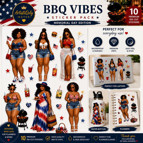 Black women summer cookout planner stickers from BBQ Vibes Sticker Pack by Artistiqely Noted, featuring Memorial Day-themed designs.