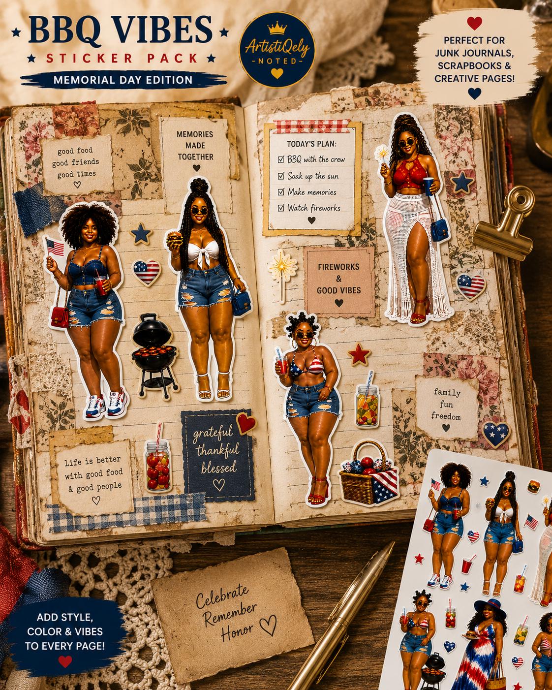 BBQ Vibes Sticker Pack, Black Women Summer Cookout Planner Stickers (Memorial Day Edition)