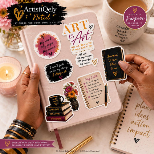 Black girl journaling doll stickers featuring African American vinyl planner art by Artistiqely Noted D'Sare Ltd