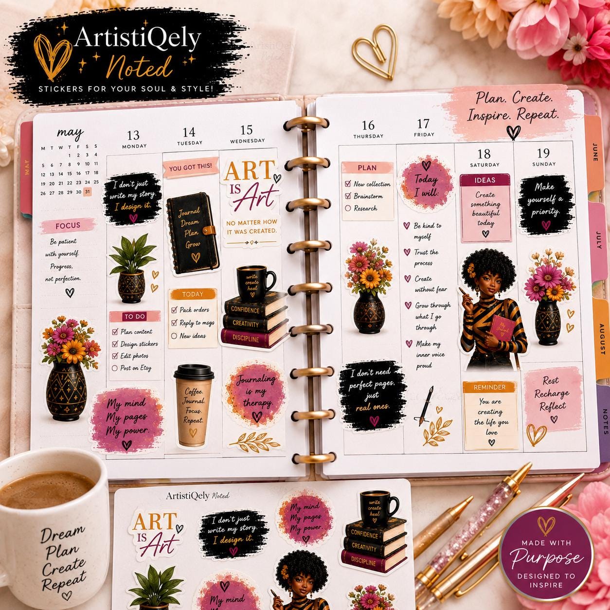Black Girl Journaling Doll Stickers | African American Vinyl Planner Art
