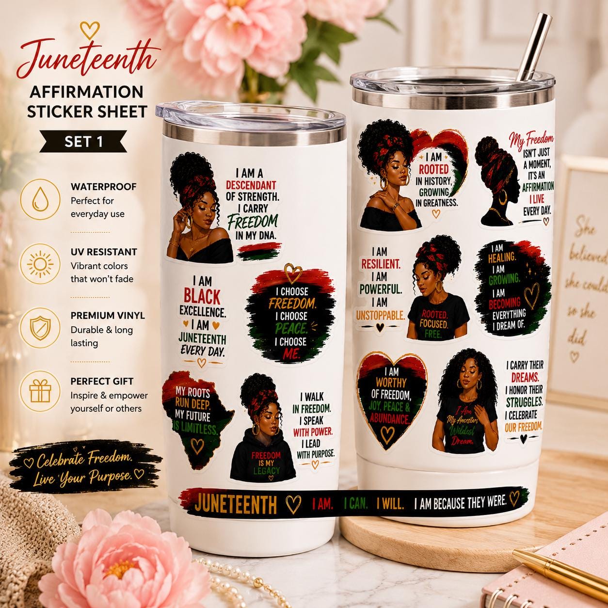 Juneteenth Sticker Sheet, Black Girl Magic Affirmations Decals, Waterproof Vinyl Laptop Tumbler Stickers