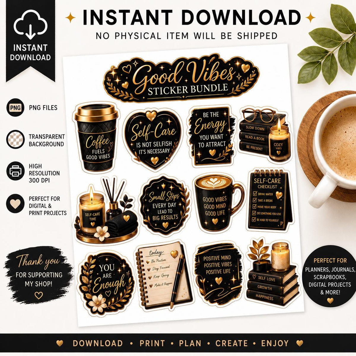 Black and Good Vibes Sticker Bundle | PNG Digital Download | Self-Care & Positive Affirmation