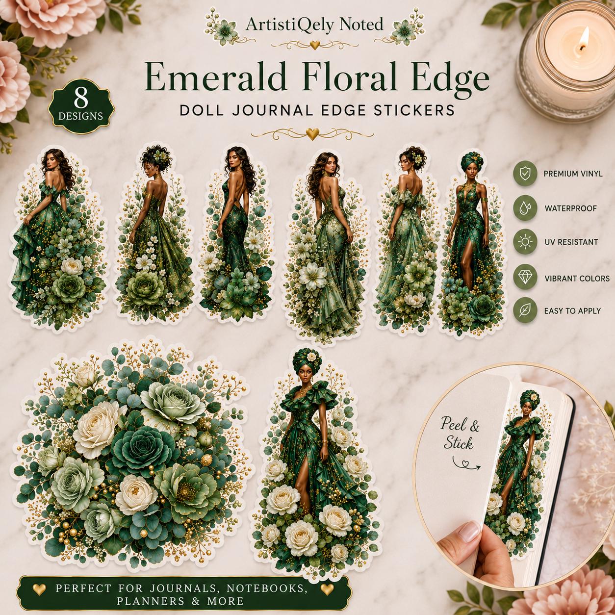 Emerald Green  Floral Edge Goddess Dolls Sticker Collection, Journals and Planners Digital Download