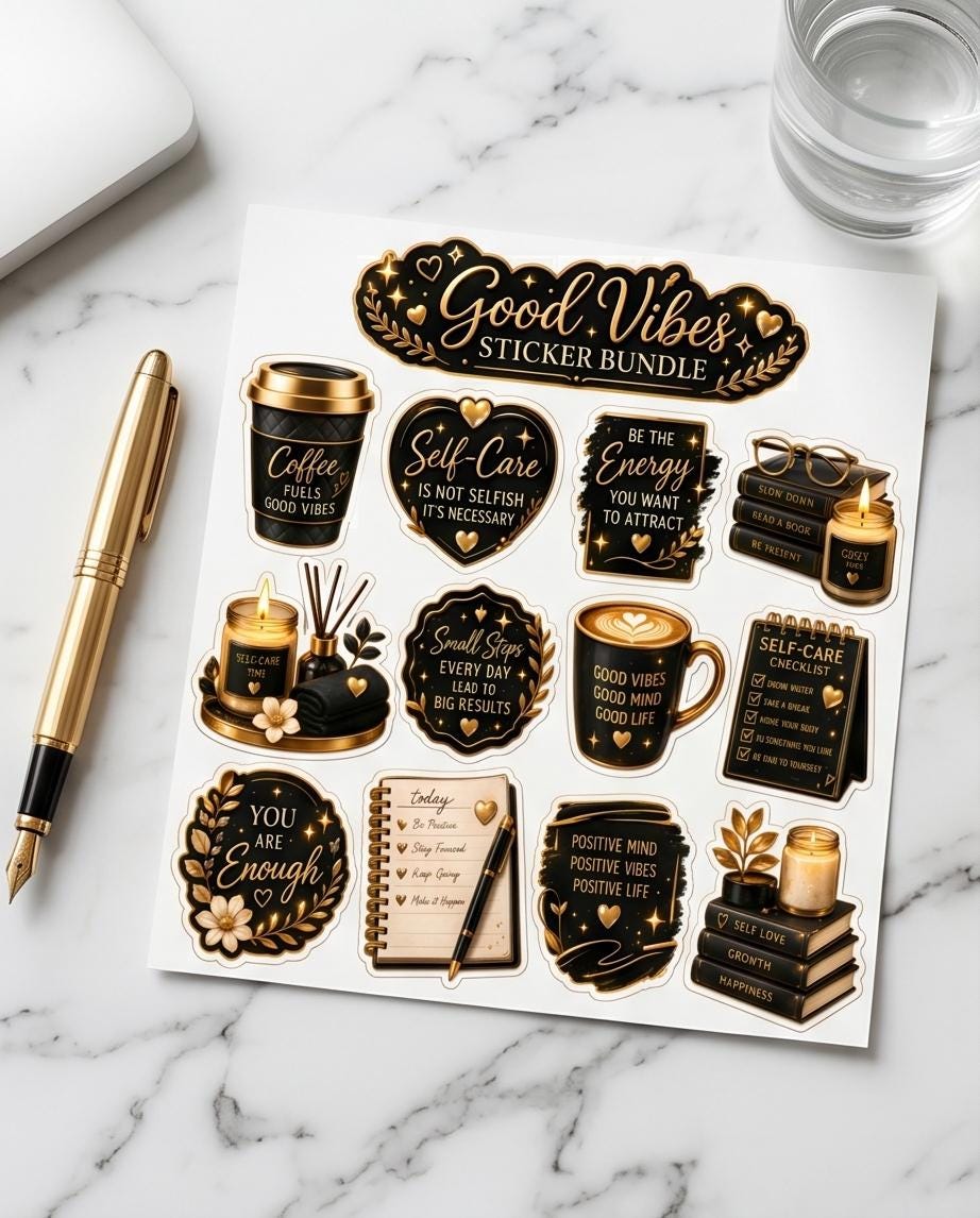 Black Good Vibes Vinyl Sticker Bundle Self-Care & Positive Affirmation,Journal, Planner Scrapbooks