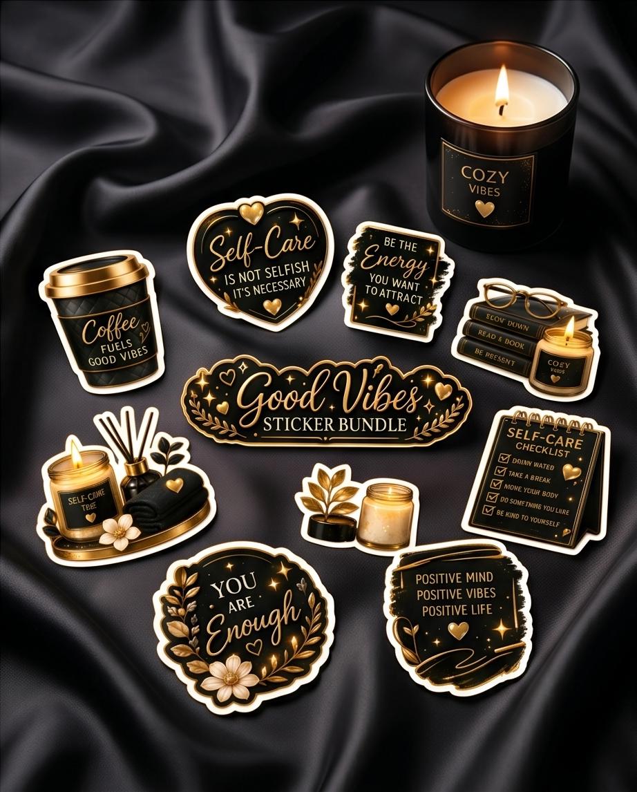 Black Good Vibes Vinyl Sticker Bundle Self-Care & Positive Affirmation,Journal, Planner Scrapbooks