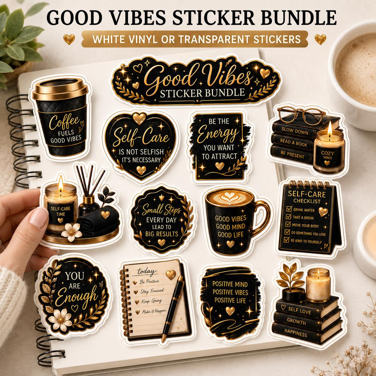 Black Good Vibes Vinyl Sticker Bundle Self-Care & Positive Affirmation,Journal, Planner Scrapbooks