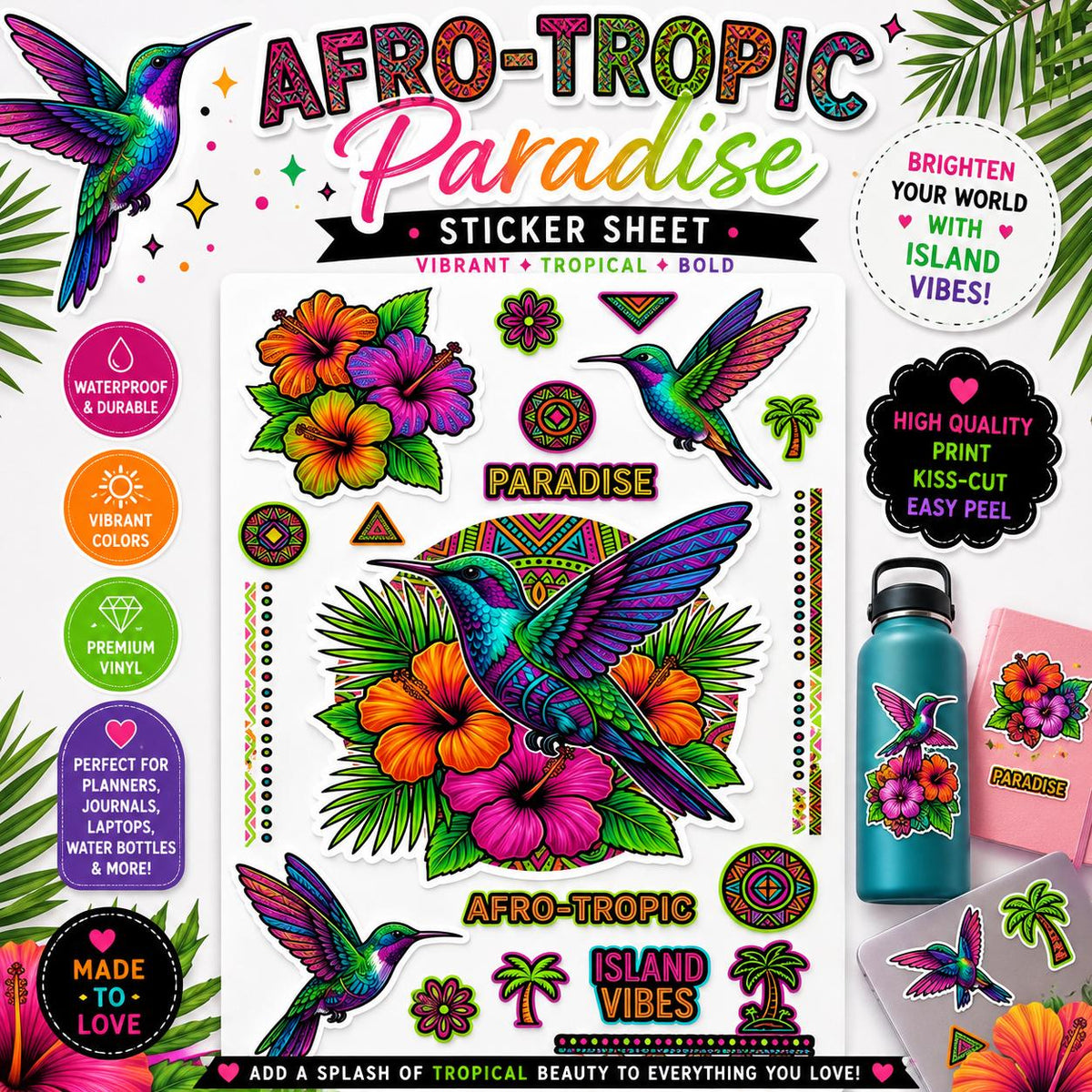 Afro-Tropic Paradise Sticker Sheet | Tropical Hummingbird Vinyl Stickers | Island Vibes Planner Stickers | Waterproof Scrapbook Decor