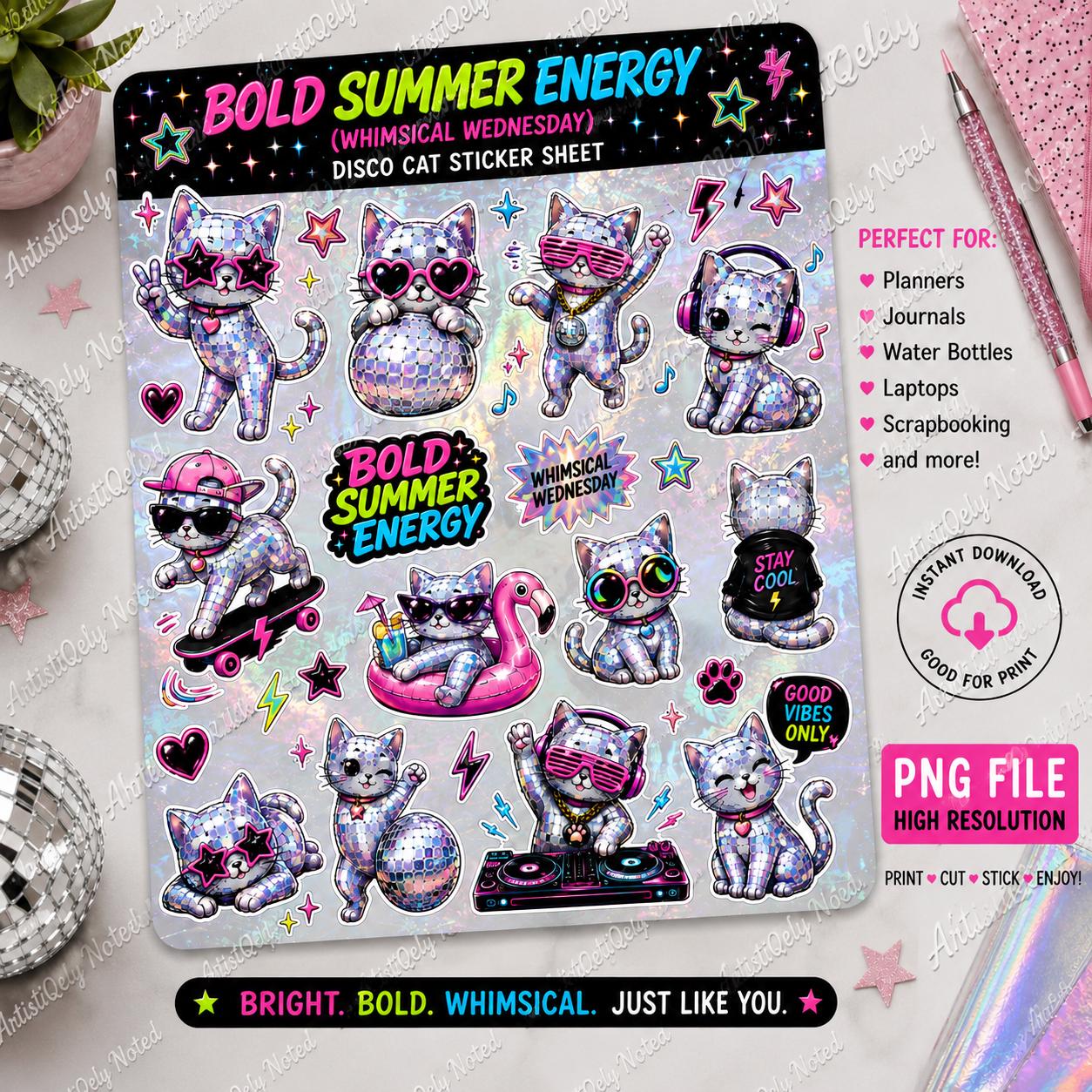 Holographic Disco Cat PNG Sticker Sheet | Digital Download, Transparent Clipart, Kawaii Cat, Sublimation, Instant Download
