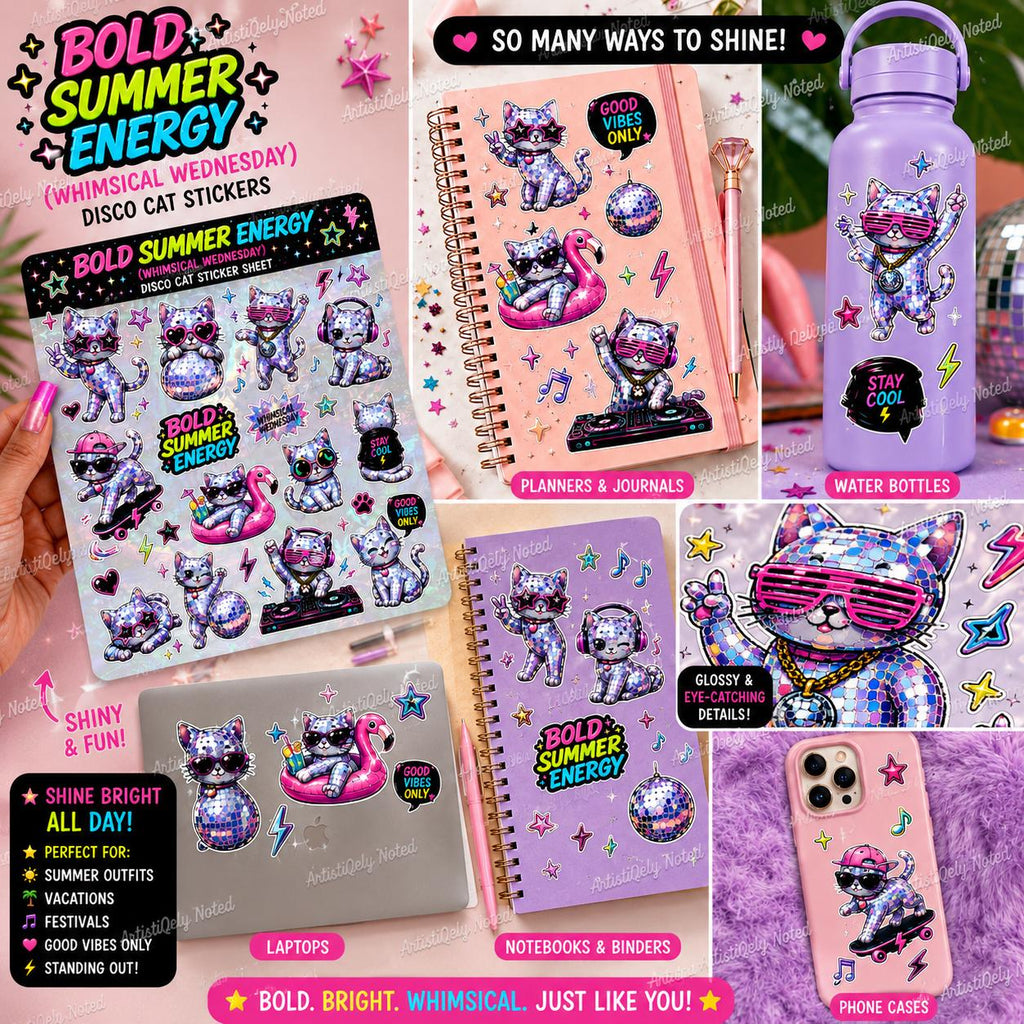 Holographic Disco Cat PNG Sticker Sheet | Digital Download, Transparent Clipart, Kawaii Cat, Sublimation, Instant Download