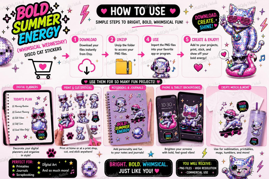 Holographic Disco Cat PNG Sticker Sheet | Digital Download, Transparent Clipart, Kawaii Cat, Sublimation, Instant Download
