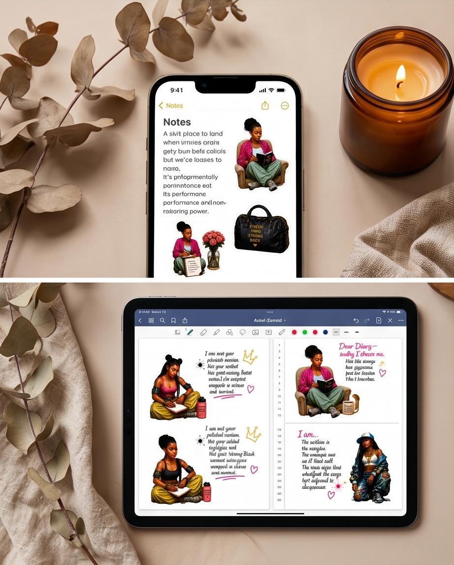 Black Girl Who Journals PNG Sticker Set | Empowering Affirmation Download