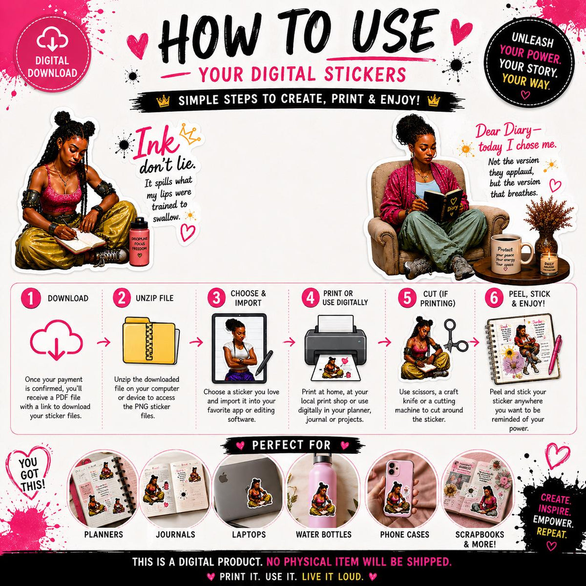 Black Girl Who Journals PNG Sticker Set | Empowering Affirmation Download