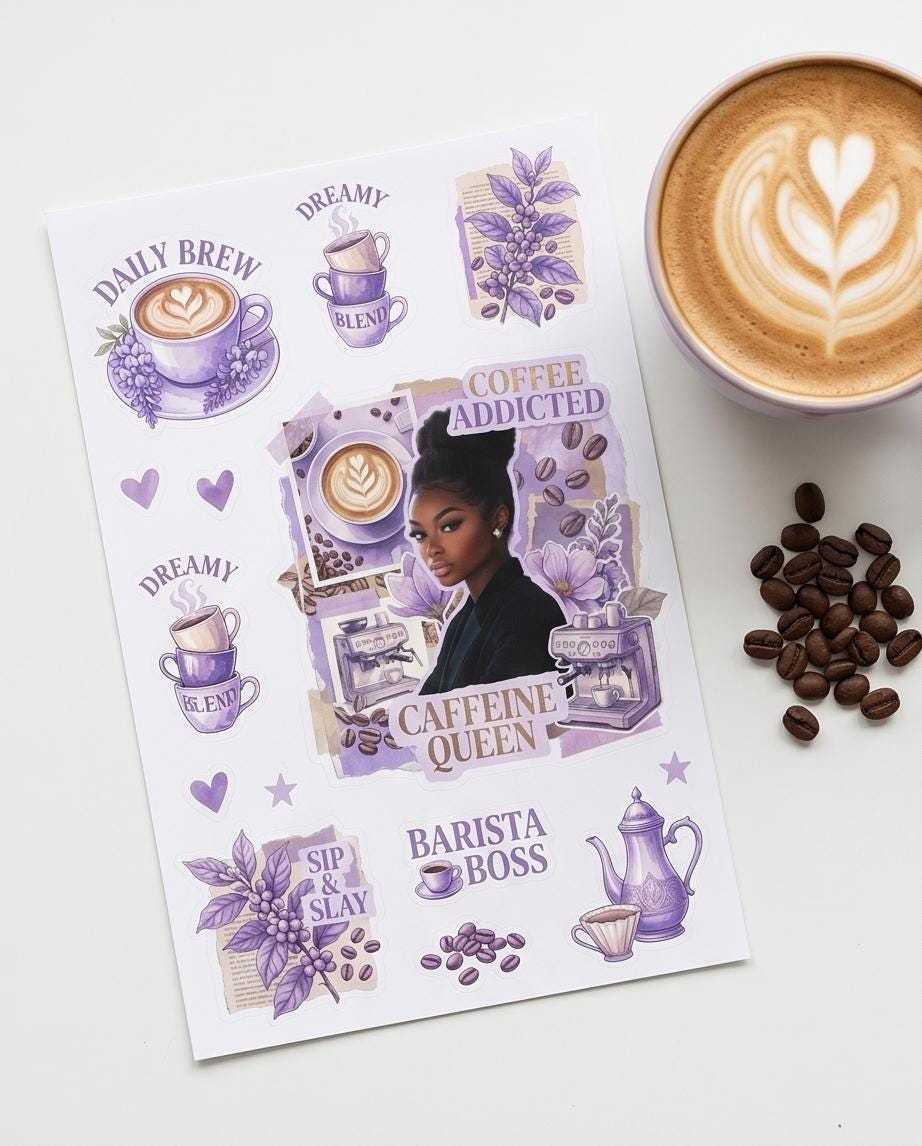 Black Woman Coffee Lover Planner Stickers | Lavender Aesthetic Vinyl Decals | Journal, Laptop & Water Bottle Stickers