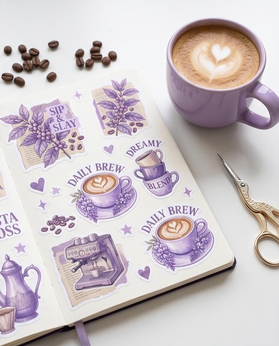 Black Woman Coffee Lover Planner Stickers | Lavender Aesthetic Vinyl Decals | Journal, Laptop & Water Bottle Stickers