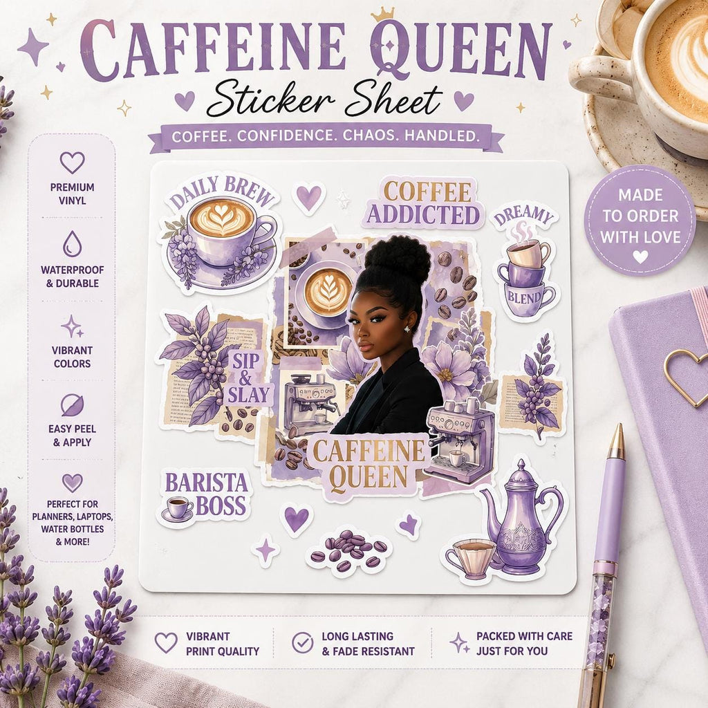 Black Woman Coffee Lover Planner Stickers | Lavender Aesthetic Vinyl Decals | Journal, Laptop & Water Bottle Stickers