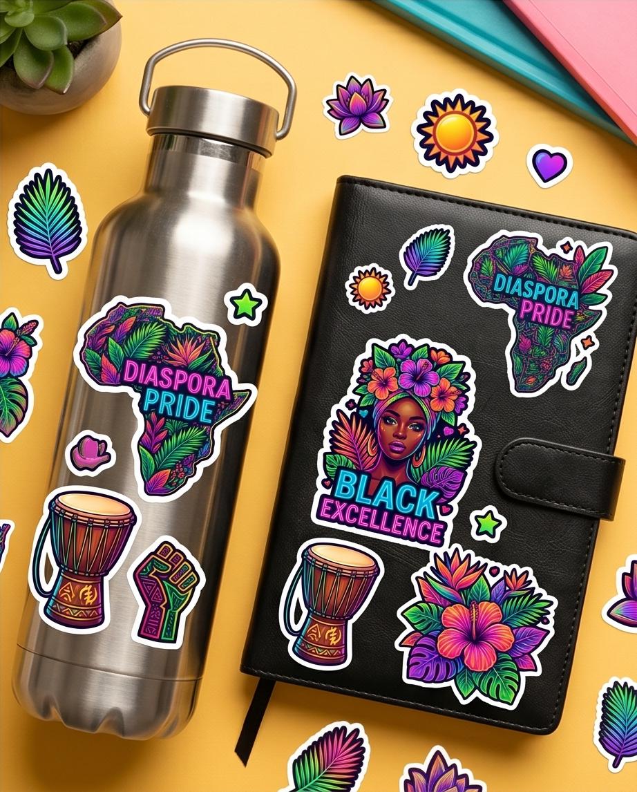 Black Excellence Vinyl Sticker Sheet | Diaspora Pride Glossy Transparent Stickers | Afro Culture Journal Laptop Planner Decals