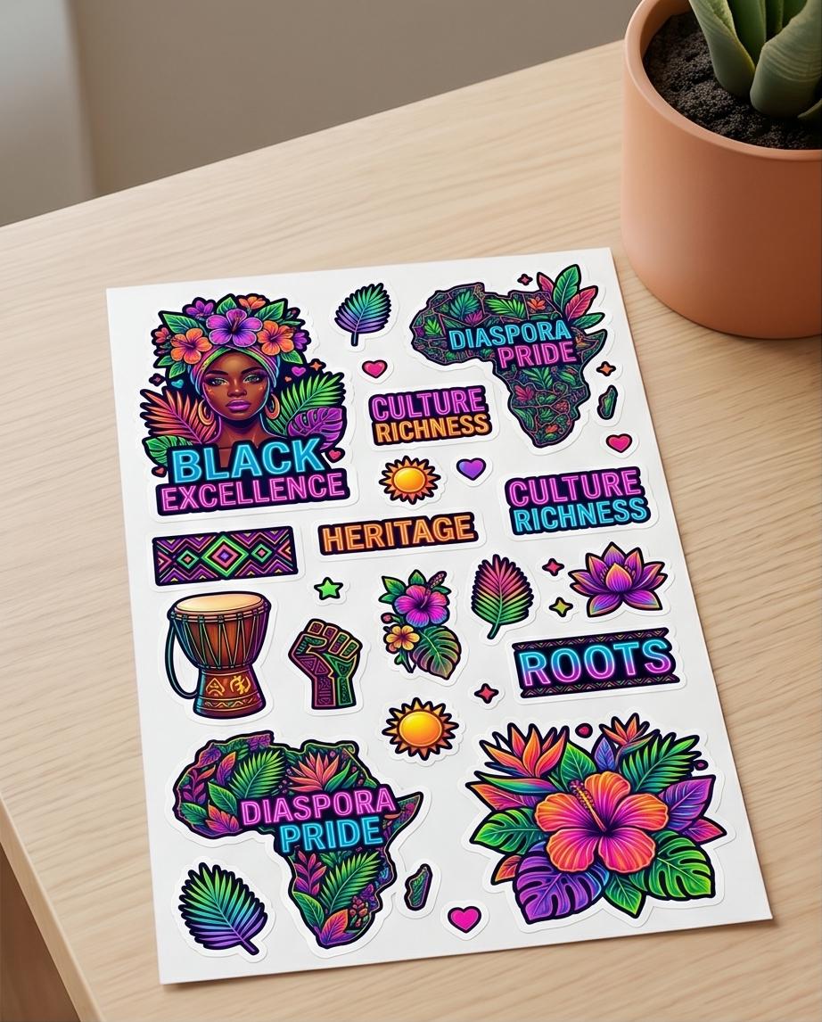 Black Excellence Vinyl Sticker Sheet | Diaspora Pride Glossy Transparent Stickers | Afro Culture Journal Laptop Planner Decals