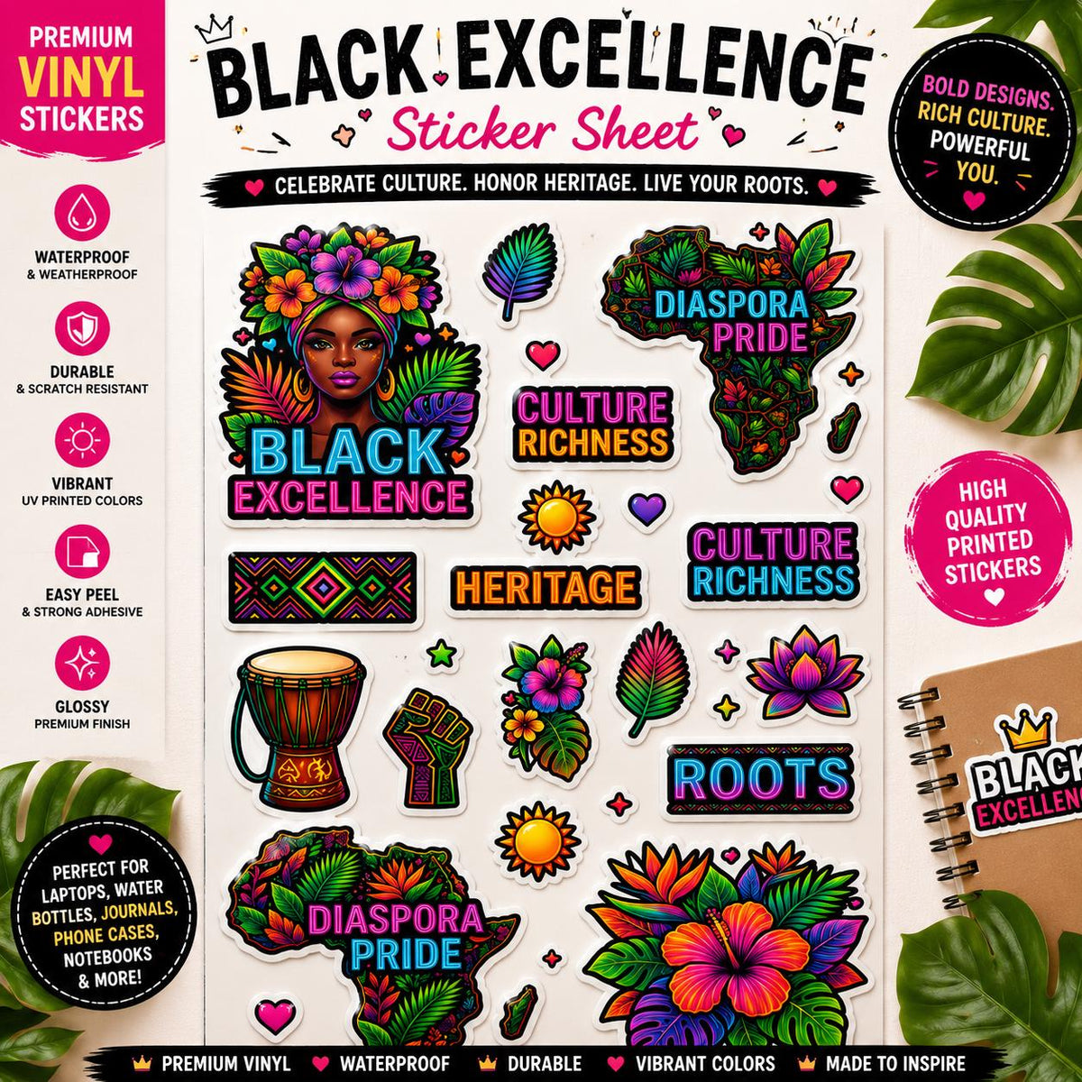 Black Excellence Vinyl Sticker Sheet | Diaspora Pride Glossy Transparent Stickers | Afro Culture Journal Laptop Planner Decals