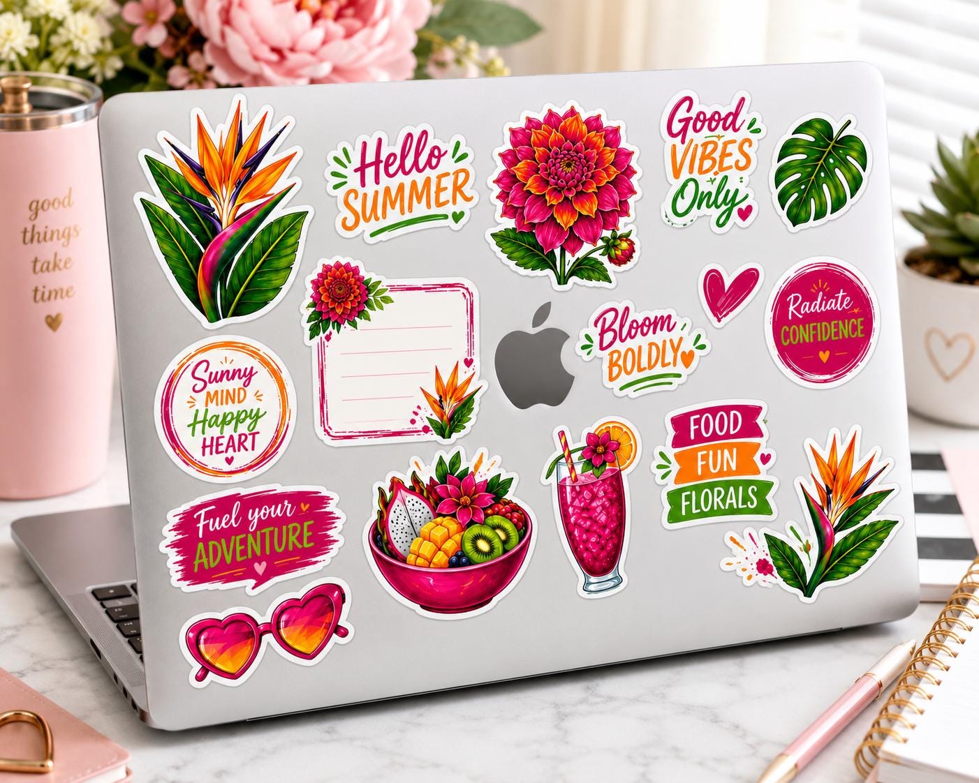 Tropical Floral Sticker Sheet | Summer Dahlia, Bird of Paradise, Foodie Quotes