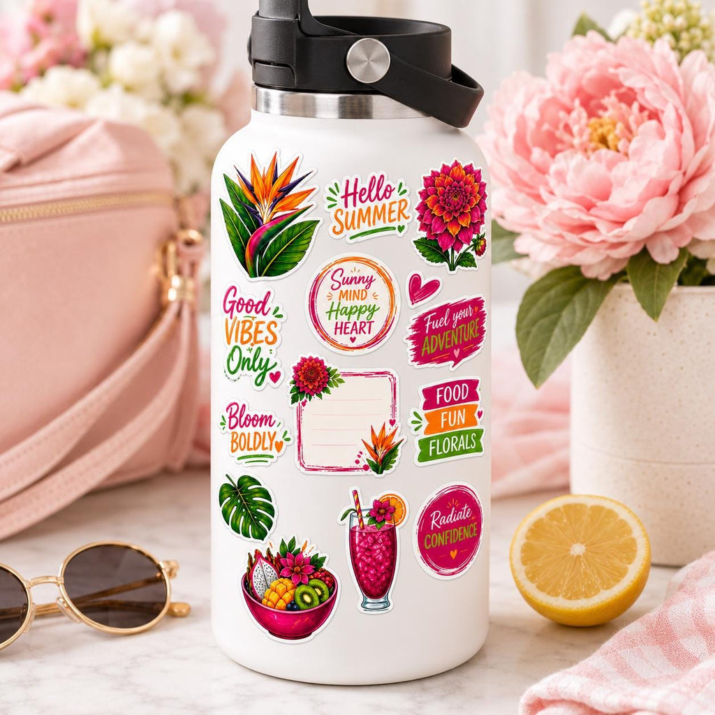 Tropical Floral Sticker Sheet | Summer Dahlia, Bird of Paradise, Foodie Quotes