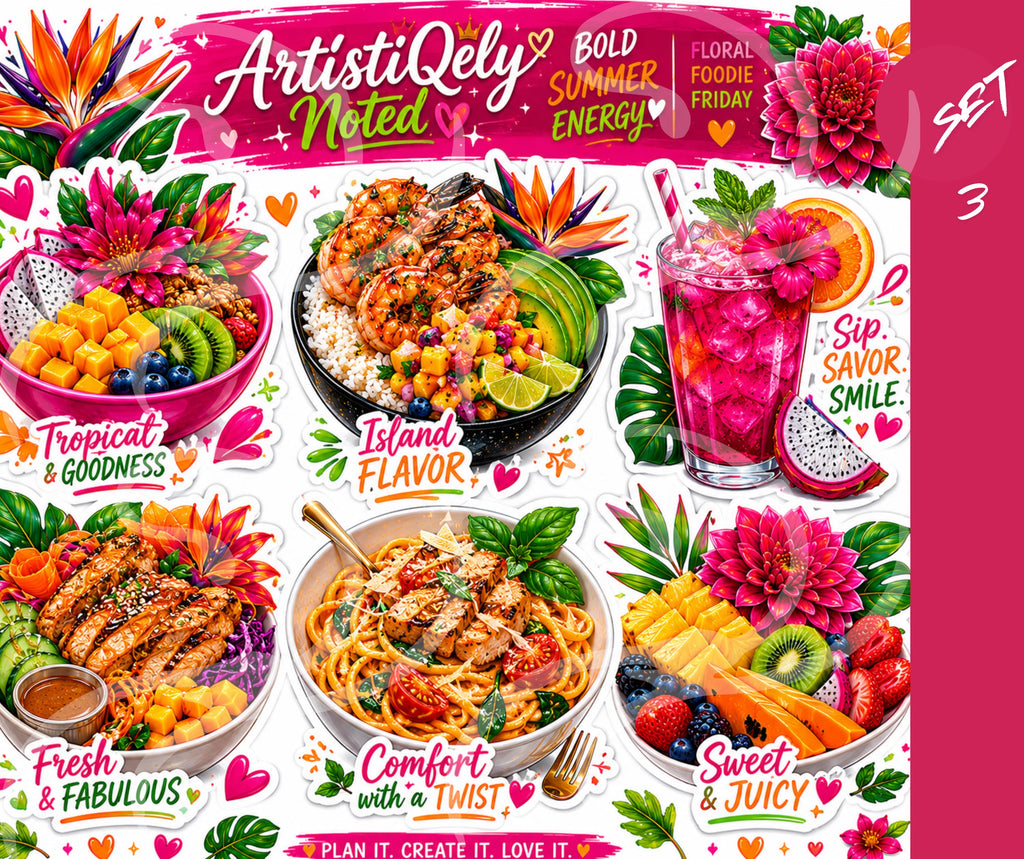 Tropical Floral Sticker Sheet | Summer Dahlia, Bird of Paradise, Foodie Quotes
