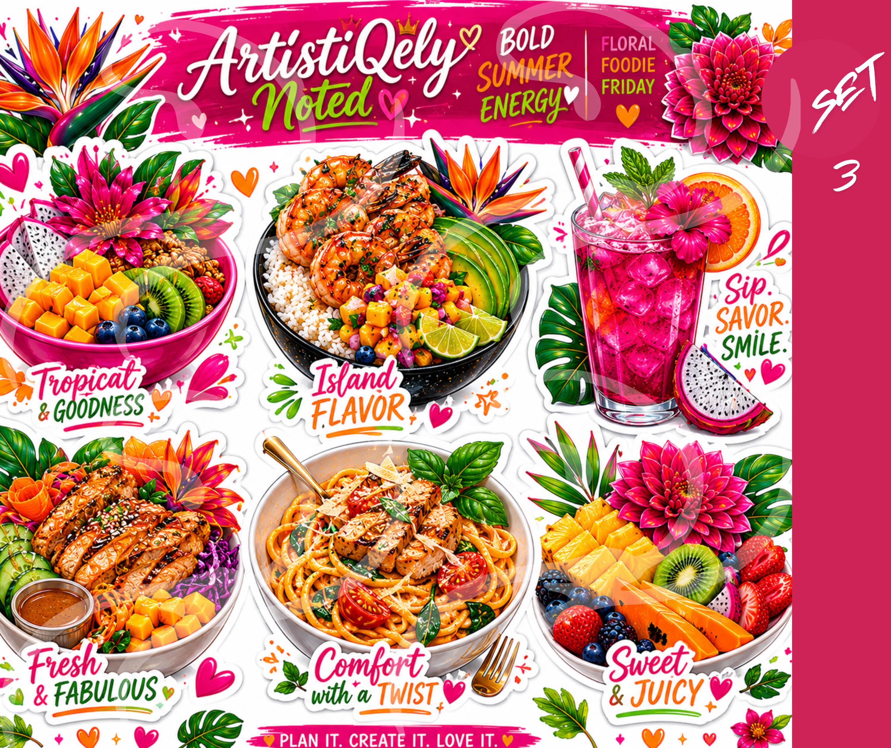 Tropical Floral Sticker Sheet | Summer Dahlia, Bird of Paradise, Foodie Quotes