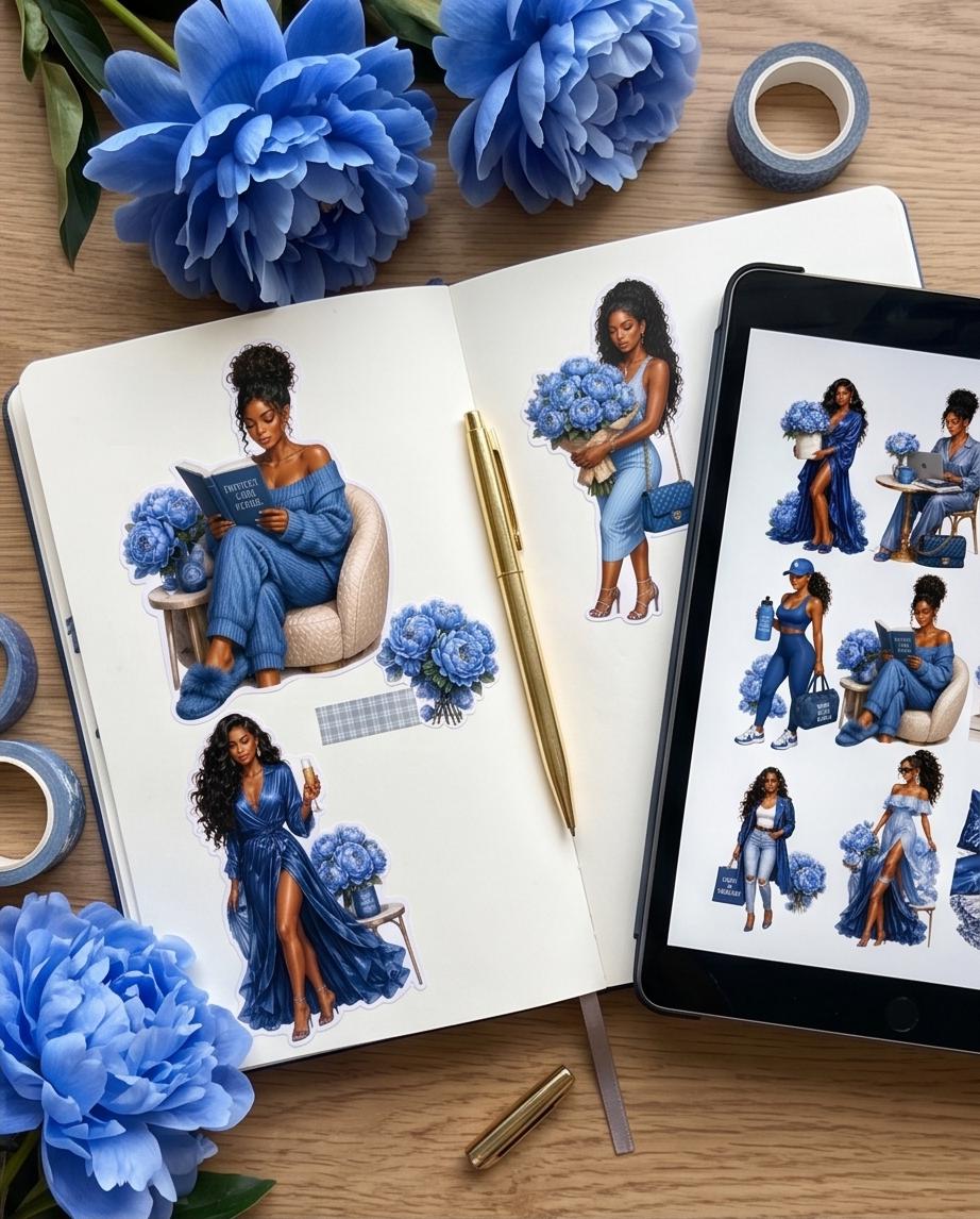 Black Girl Who Journals Blue Serenity Journal Dolls Vinyl Sticker Set | Black Girl Lifestyle  | Blue Aesthetic Planner