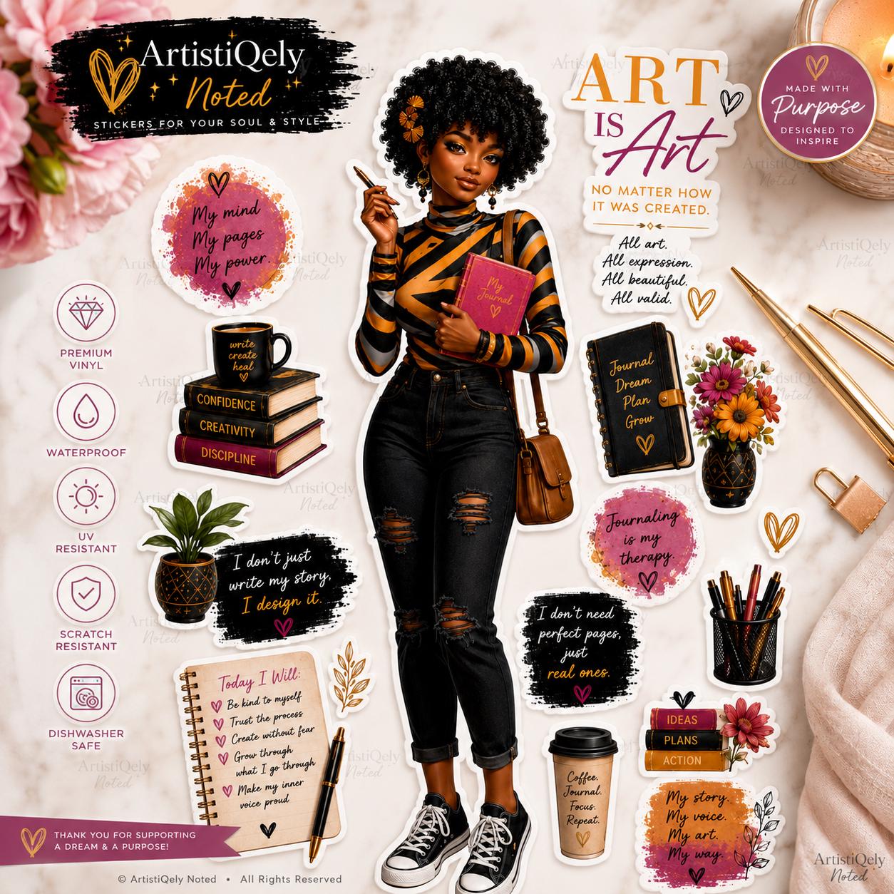 Black Girl Journaling Doll Stickers | African American Vinyl Planner Art