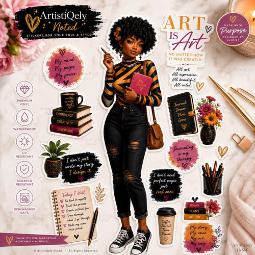 Black girl journaling doll stickers featuring African American vinyl art for planners and scrapbooking by Artistiqely Noted.