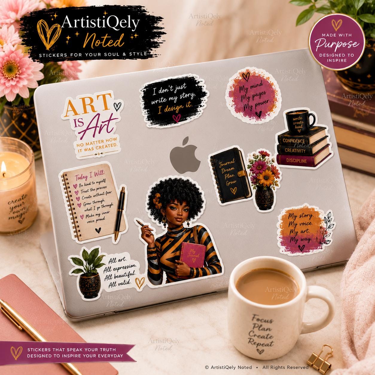 Black Girl Journaling Doll Stickers | African American Vinyl Planner Art
