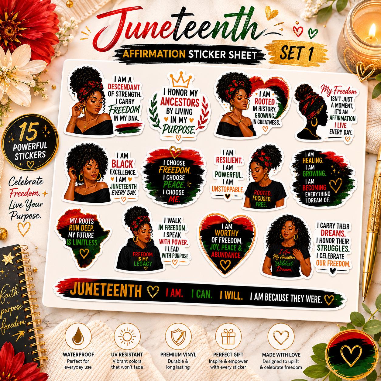 Juneteenth Sticker Sheet, Black Girl Magic Affirmations Decals, Waterproof Vinyl Laptop Tumbler Stickers