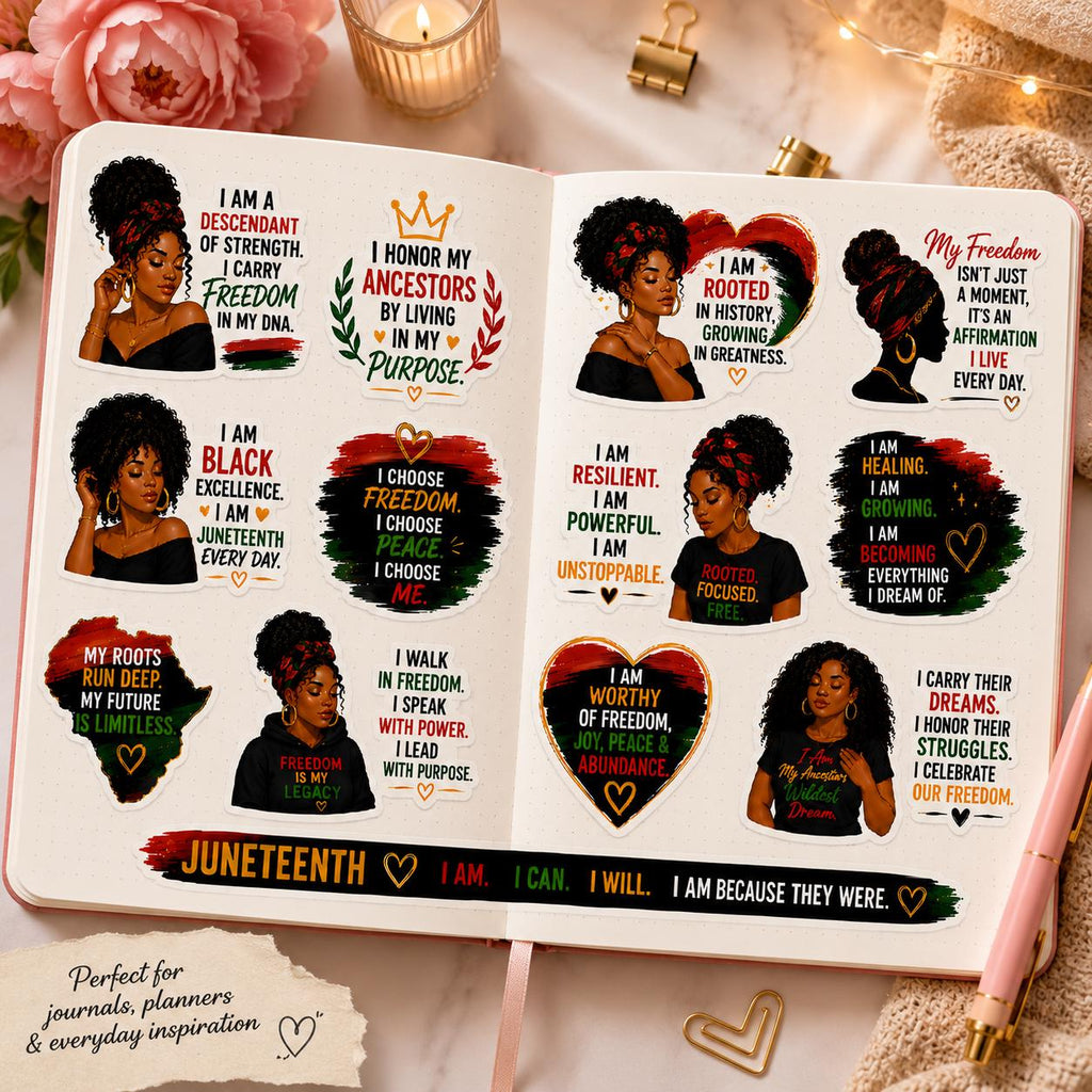 Juneteenth Sticker Sheet, Black Girl Magic Affirmations Decals, Waterproof Vinyl Laptop Tumbler Stickers