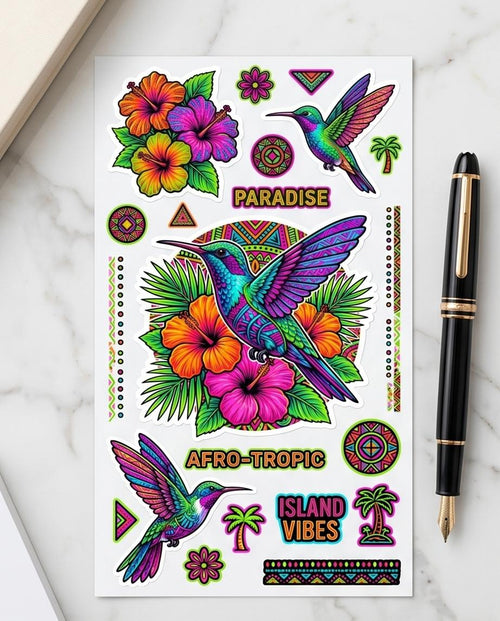 Afro-Tropic Paradise Sticker Sheet | Tropical Hummingbird Vinyl Stickers | Island Vibes Planner Stickers | Waterproof Scrapbook Decor