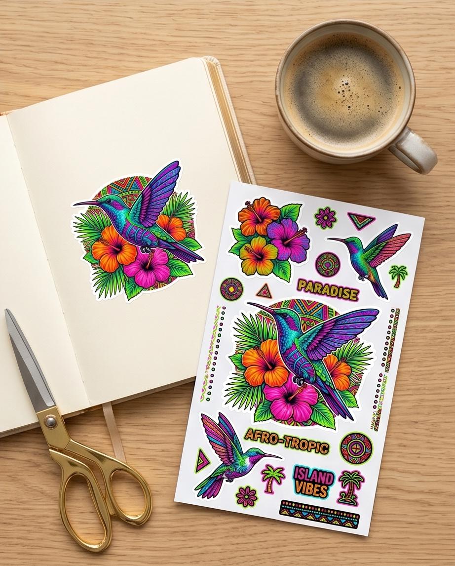 Afro-Tropic Paradise Sticker Sheet | Tropical Hummingbird Vinyl Stickers | Island Vibes Planner Stickers | Waterproof Scrapbook Decor
