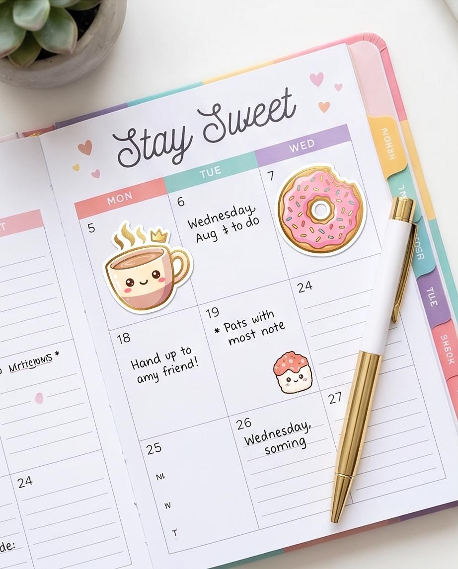 Kawaii Treats Cute Food Vinyl Sticker Sheet | Bubble Tea Donut Pizza Sushi Cupcake | Waterproof Planner Laptop Decals
