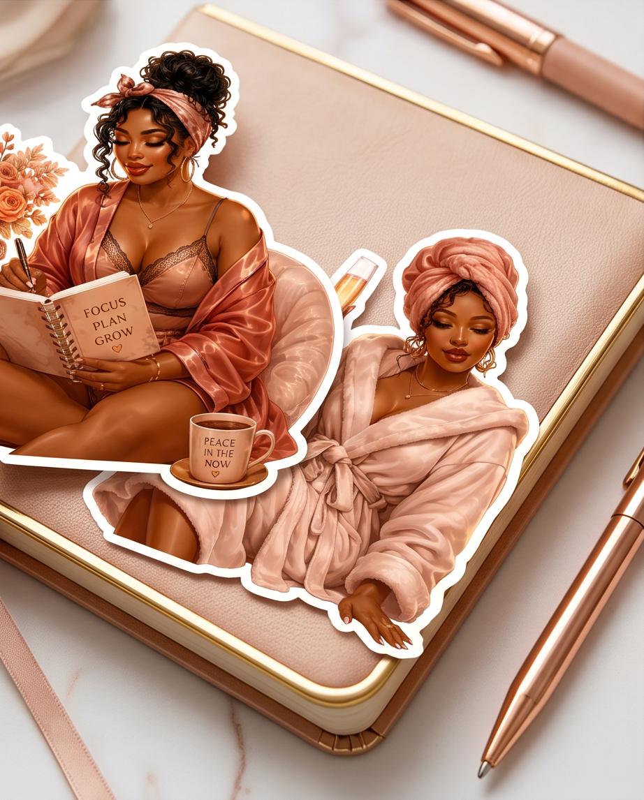Black Girl Journaling Doll Stickers | African American Vinyl Planner ArtSoft Life Sanctuary Peach Self-Love Society Journal Dolls Sticker Se