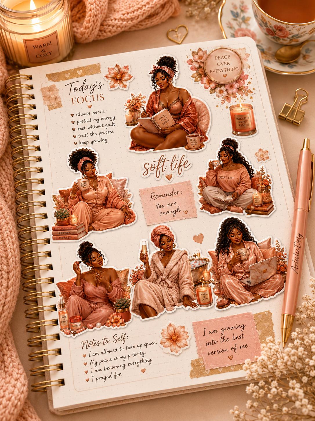 Black Girl Journaling Doll Stickers | African American Vinyl Planner ArtSoft Life Sanctuary Peach Self-Love Society Journal Dolls Sticker Se