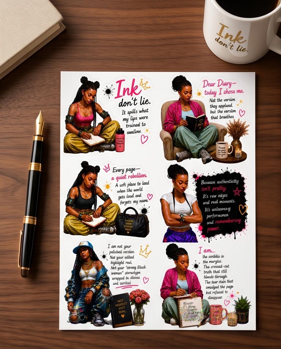 Black Girl Who Journals PNG Sticker Set | Empowering Affirmation Download